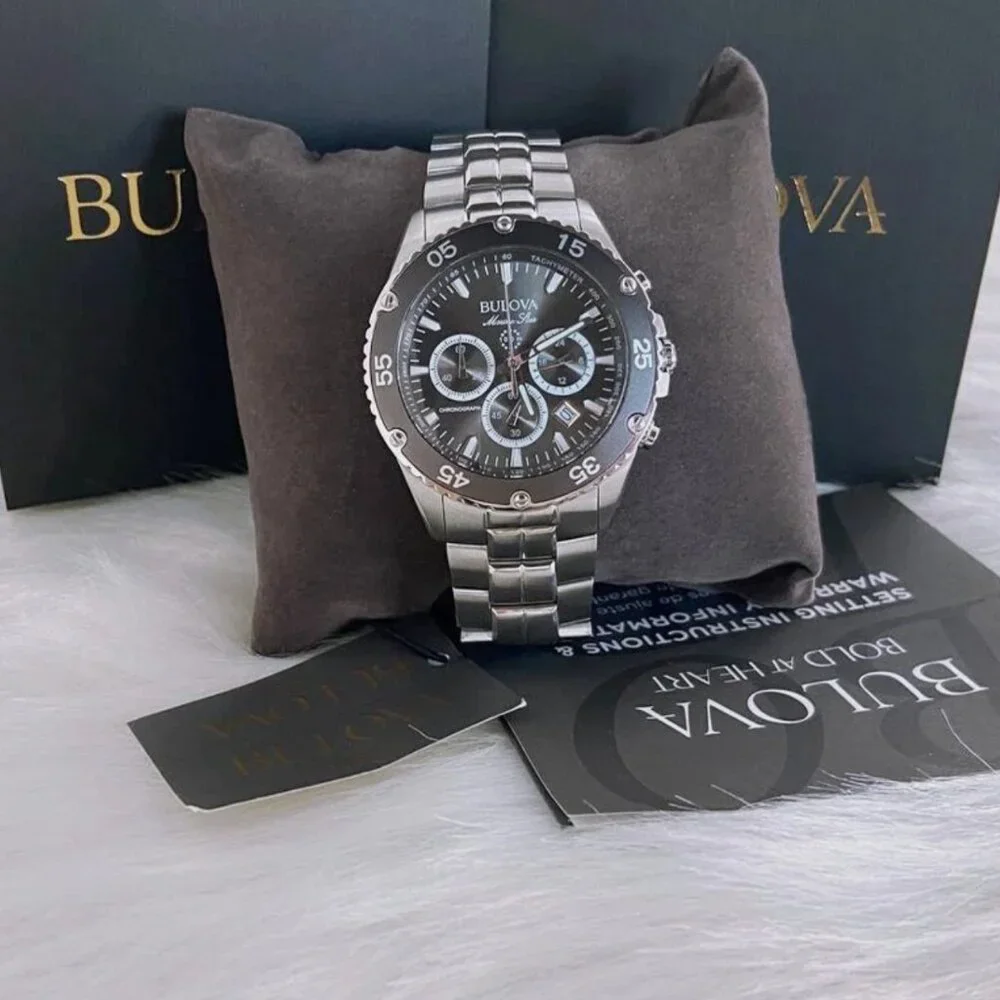 Men Bulova Classic Black Marine Star Chronograph Watch
